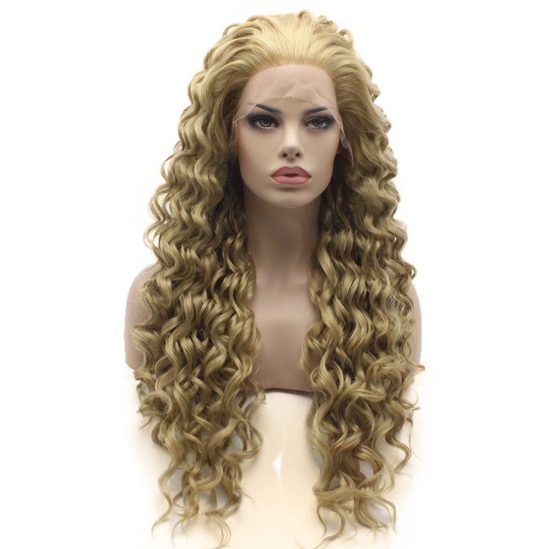 Lushy Lushy Hair Long Kinky Curly Ash Blond Wig Half Hand Tied Heat Friendly Synthetic Lace Front Wig 