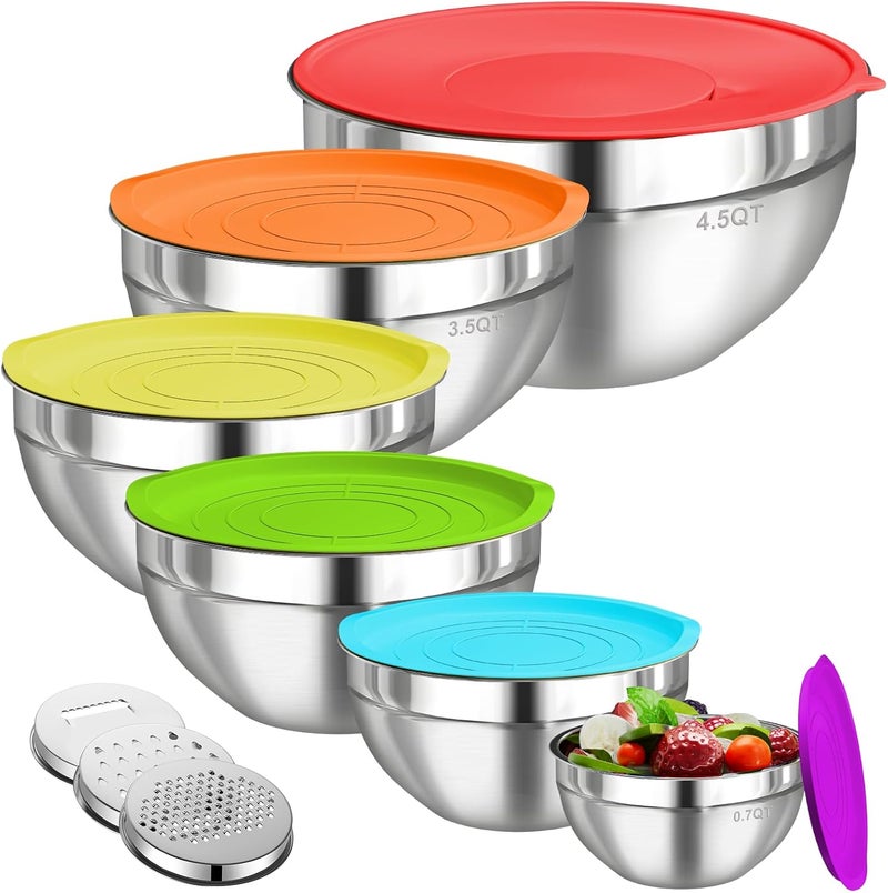 Winproper Mixing Bowls with Lids Set, 6 PCS Stainless Steel Mixing Bowls with 3 Grater Attachments, Kitchen Food Organizers Nesting Mixing Bowl, Large Size 4.5, 3.5, 2.1, 1.5, 1.1, 0.7QT-Colorful - Image 1