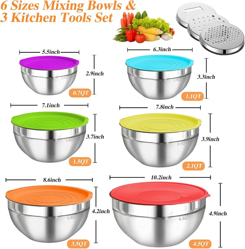 Winproper Mixing Bowls with Lids Set, 6 PCS Stainless Steel Mixing Bowls with 3 Grater Attachments, Kitchen Food Organizers Nesting Mixing Bowl, Large Size 4.5, 3.5, 2.1, 1.5, 1.1, 0.7QT-Colorful - Image 5