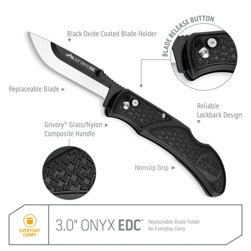 OUTDOOR EDGE أونيكس سكين جيب قابلة للطي 3.0" - نظام شفرة قابل للاستبدال مع مشبك جيب، أمان قفل خلفي و 3 شفرات - أداة مدمجة وحادة للغاية لمهام القطع الدقيقة اليومية. - Image 2