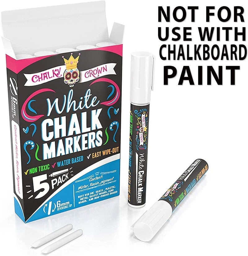 CHALKY CROWN قلم ماركر سائل تشالكي كراون - طباشير رسم أبيض - ماركرات لوحات الطباشير للعلامات، النوافذ، السبورة، الزجاج - طرف قابل للعكس 6 مم (5 عبوات) - Image 4