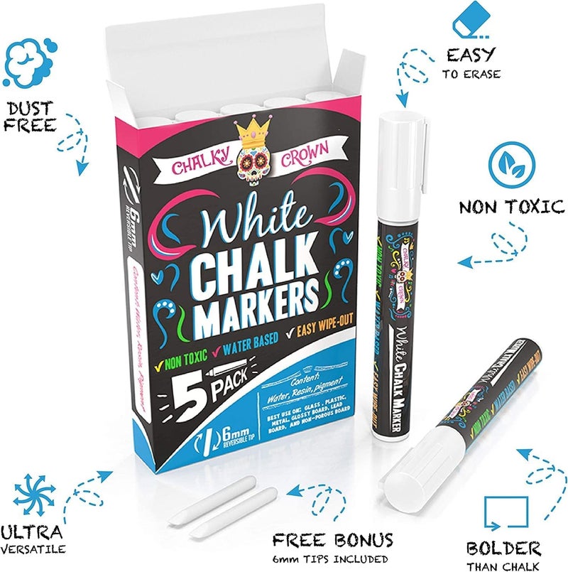 CHALKY CROWN قلم ماركر سائل تشالكي كراون - طباشير رسم أبيض - ماركرات لوحات الطباشير للعلامات، النوافذ، السبورة، الزجاج - طرف قابل للعكس 6 مم (5 عبوات) - Image 2