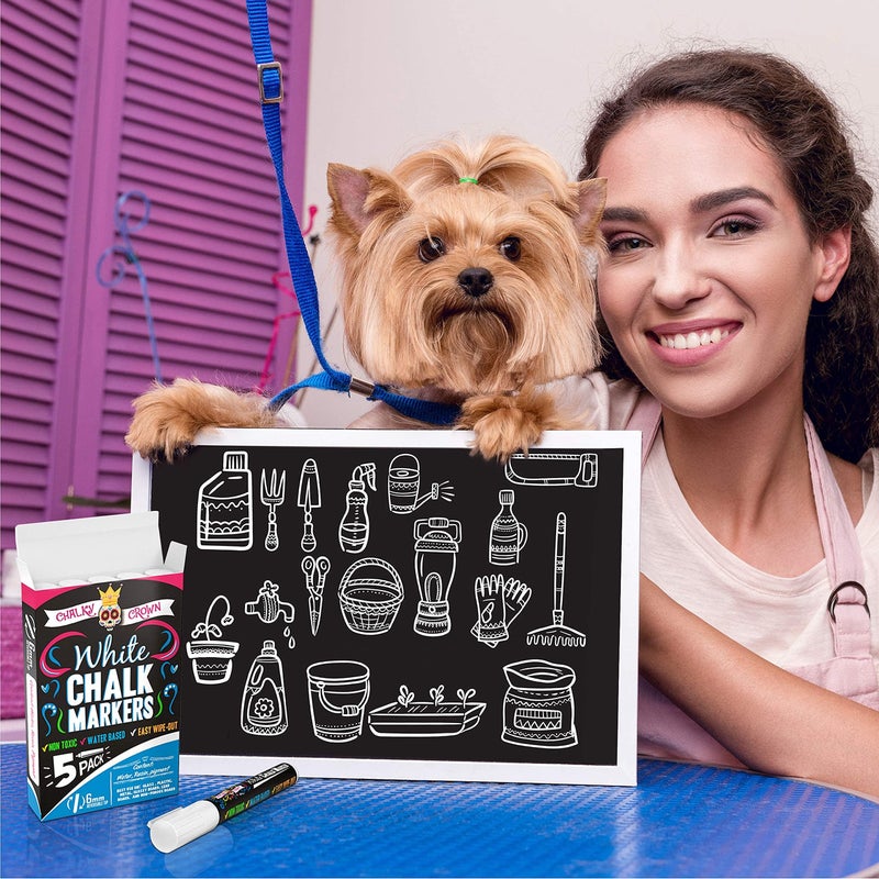 CHALKY CROWN قلم ماركر سائل تشالكي كراون - طباشير رسم أبيض - ماركرات لوحات الطباشير للعلامات، النوافذ، السبورة، الزجاج - طرف قابل للعكس 6 مم (5 عبوات) - Image 5