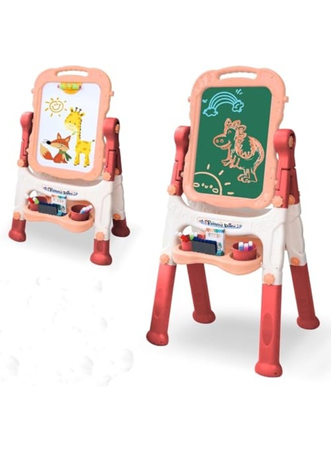 XICEN Children's drawing board Toys, rotating double-sided magnetic blackboard easel, adjustable standing art easel with painting accessories suitable for toddlers boys and girls (Pink) - Image 1