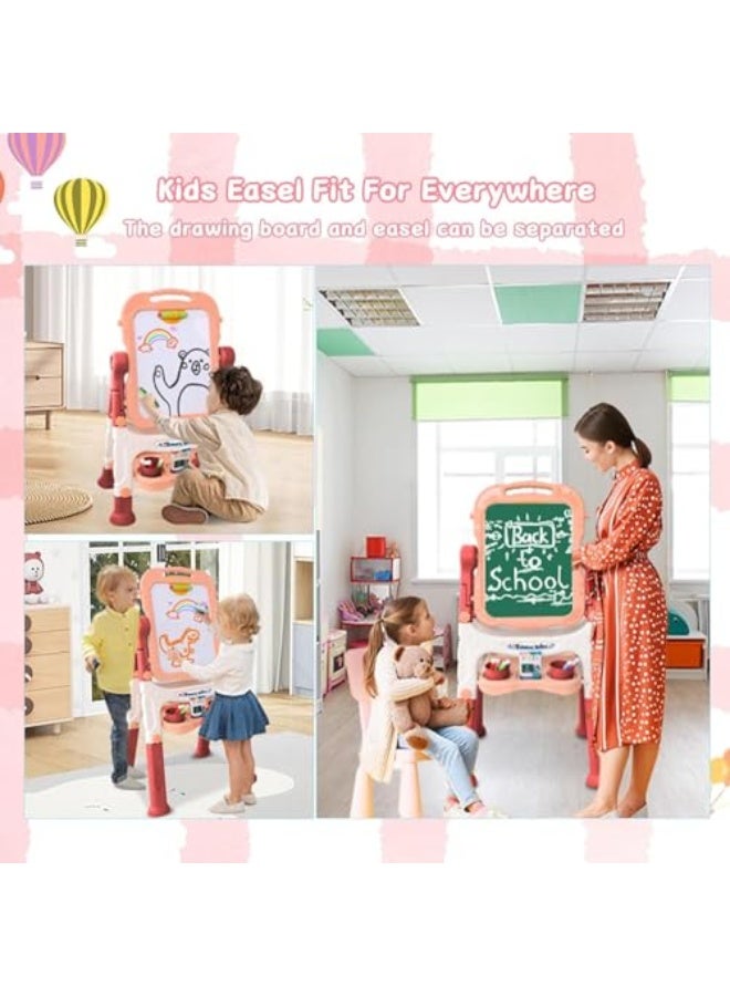 XICEN Children's drawing board Toys, rotating double-sided magnetic blackboard easel, adjustable standing art easel with painting accessories suitable for toddlers boys and girls (Pink) - Image 2