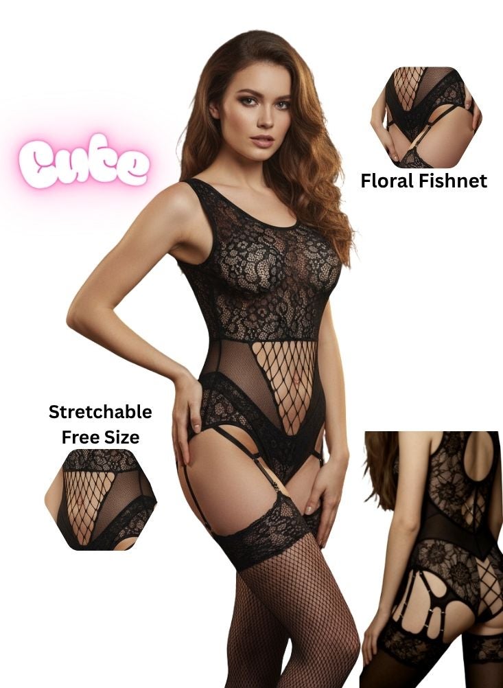 Cute Floral Fishnet Lingerie Bodystocking – Stretchable Free Size Black Nightwear - Image 1