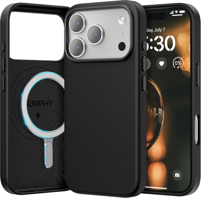 SURPHY Designed for iPhone 17 Pro Leather Case, Compatible with MagSafe Wireless Charging Faux Leather Case with Metallic Buttons and Microfiber Lining for 17 Pro 6.3 inch 2025, Black - Image 1