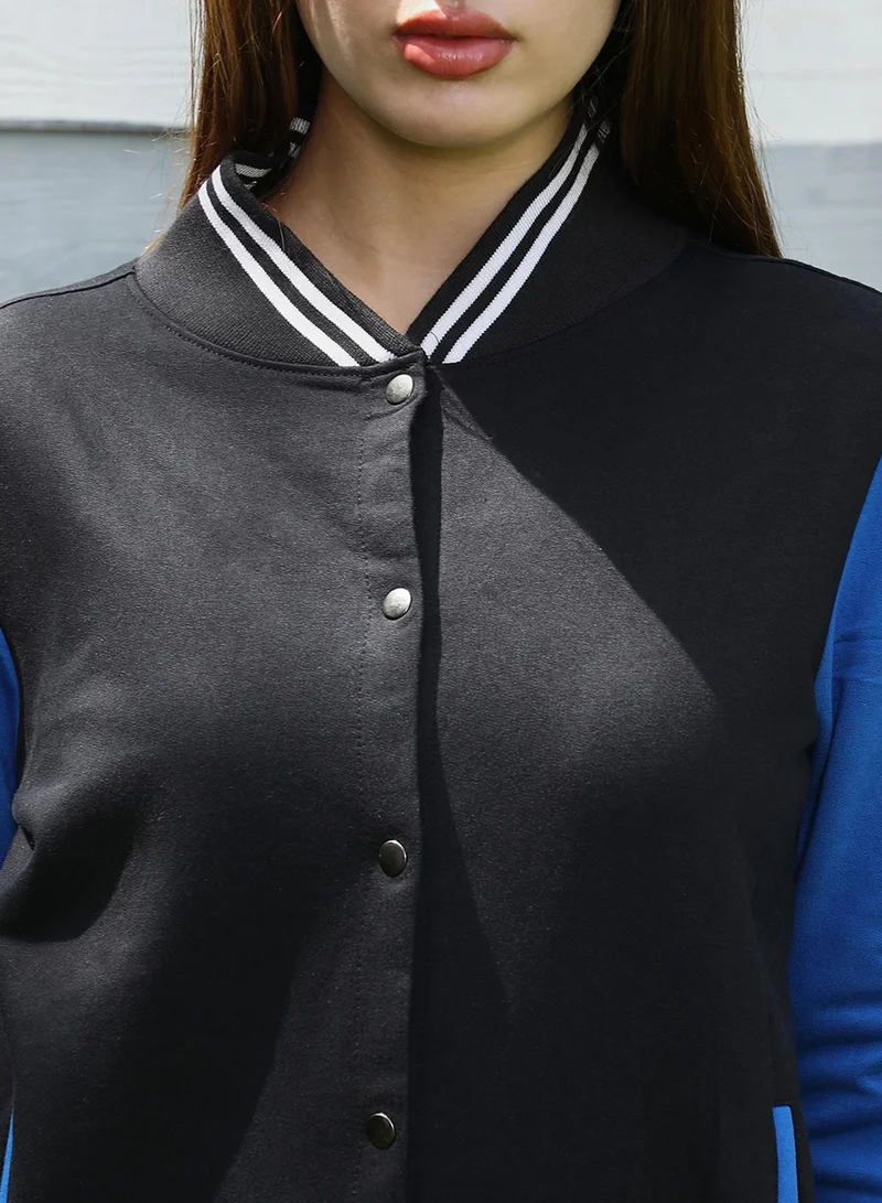 Campus Sutra Women's Electric Blue & Onyx Black Block Bomber Jacket