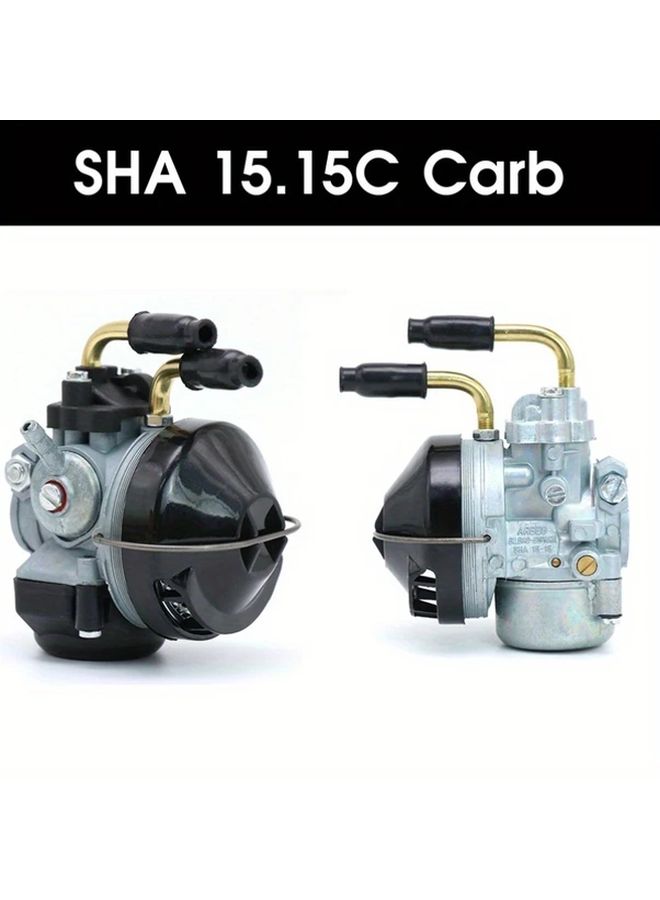 مكربن دراجة نارية SHA 15 15C، لون أسود سفلي، أداء عالي، كرب بديل مع برغي قابل للتعديل، بناء معدني متين، تركيب سهل، أداء محرك محسّن، صيانة الدراجة النارية، لمسة نهائية معدنية أنيقة، تصميم قوي، هندسة دقيقة، ميكانيكا الدراجات. - Image 1