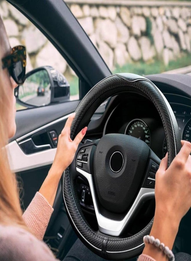 Rueesh Microfiber Leather Steering Wheel Cover Anti-Slip Matte Finish Auto Car Wheel Cover Universal 15 Inch Wheel Cover for Car Embossing Pattern (M (14.5"-15" Diameter), White Line) - Image 4