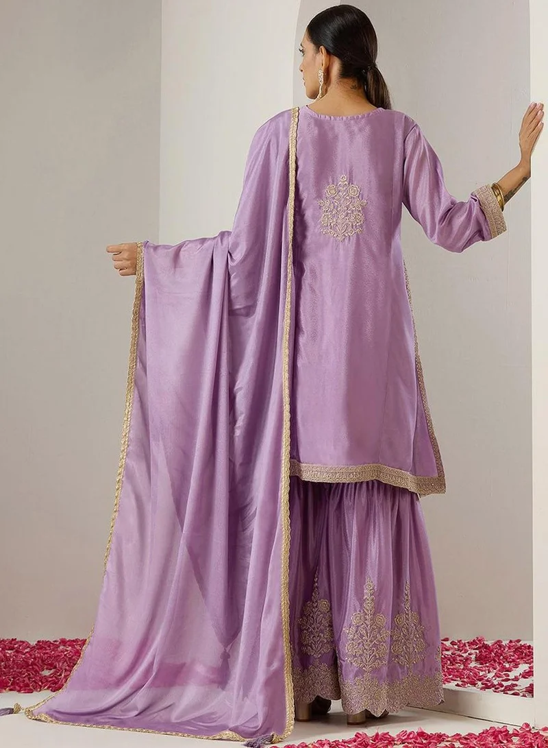 ISHIN Women's Purple Polyester Blend Embellished Kaftan Full Length Palazzo Straight Fit Kurta Set