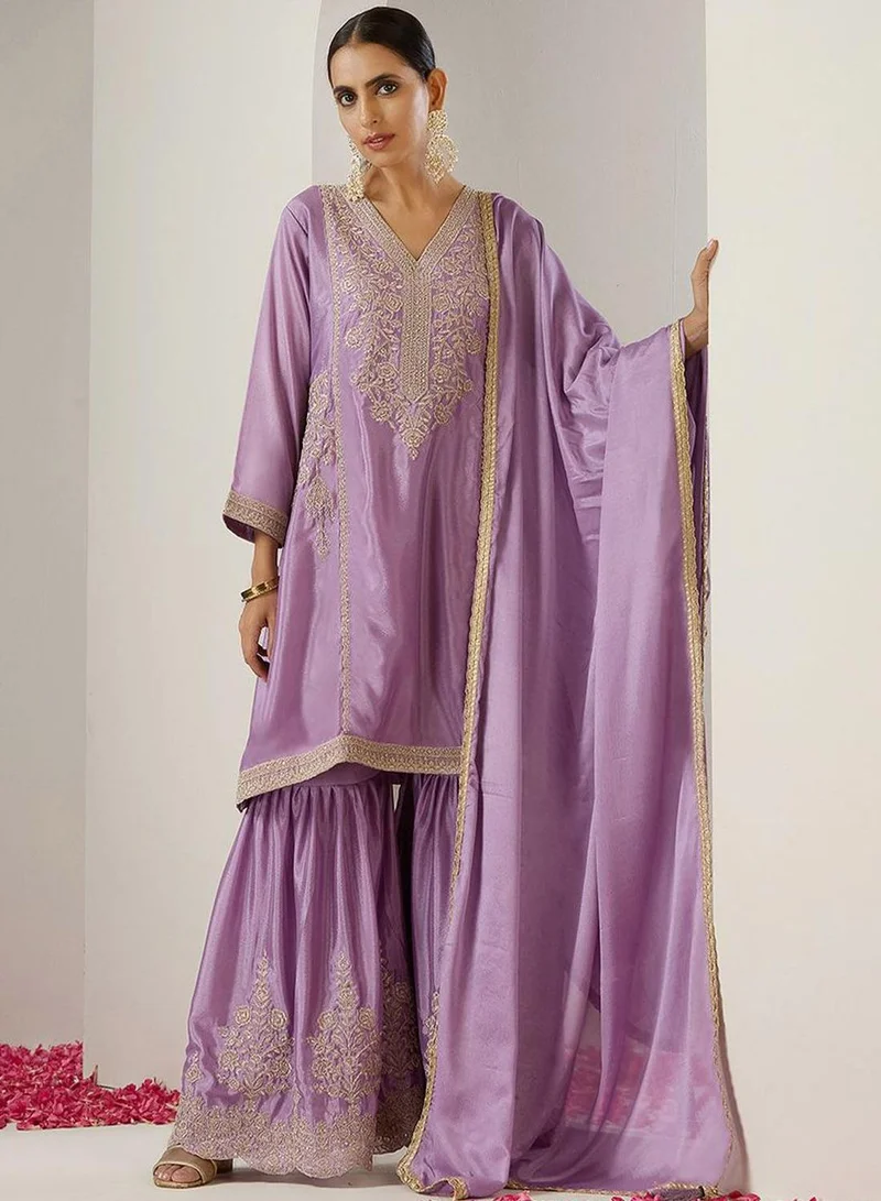 ISHIN Women's Purple Polyester Blend Embellished Kaftan Full Length Palazzo Straight Fit Kurta Set