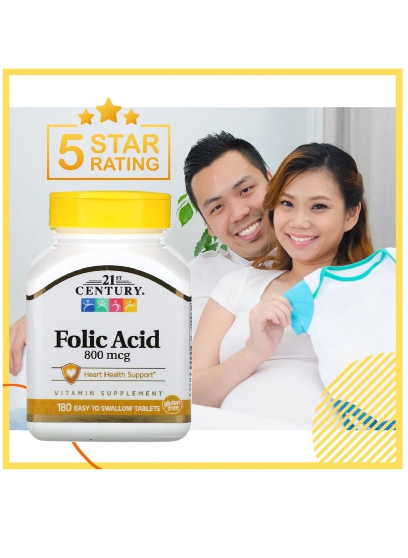 21st Century Folic Acid 800 mcg Heart Health Support 180 Easy to Swallow Tablets - Image 5