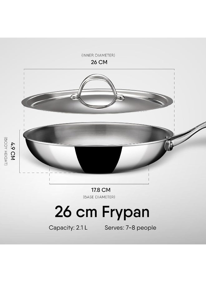 Stahl مقلاة ستال أرتيزان ثلاثية الفولاذ المقاوم للصدأ مع غطاء، متوافقة مع موقد الحث والغاز، مقلاة عجة وبيض، 2.1 لتر، 26 سم - Image 2