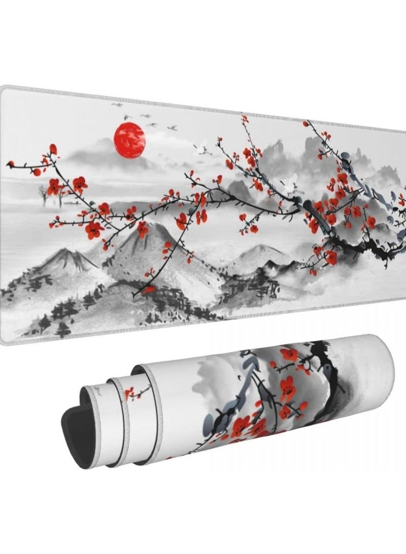Japanese Sakura Cherry Blossom Mouse Pad XL Full Desk Mousepad Extended Large Non-Slip Rubber Base Big Keyboard Mat with Stitched Edges for Gaming and Office 700*300*2MM  - Image 1