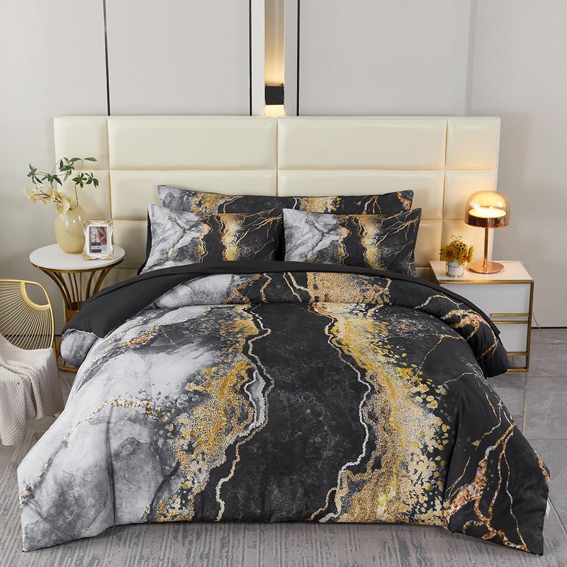 PERFEMET 6 PCS Bed in a Bag Black Watercolor Marble Printed Comforter Set for Full Bed Burning Mountain Pattern Bedding with Sheets Retro Artwork Design Bedding Quilt Sets(Black, Full) - Image 2