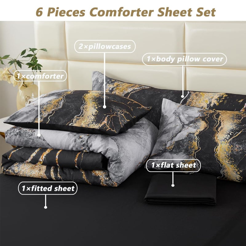 PERFEMET 6 PCS Bed in a Bag Black Watercolor Marble Printed Comforter Set for Full Bed Burning Mountain Pattern Bedding with Sheets Retro Artwork Design Bedding Quilt Sets(Black, Full) - Image 3