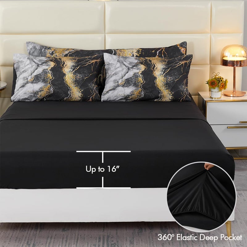 PERFEMET 6 PCS Bed in a Bag Black Watercolor Marble Printed Comforter Set for Full Bed Burning Mountain Pattern Bedding with Sheets Retro Artwork Design Bedding Quilt Sets(Black, Full) - Image 5