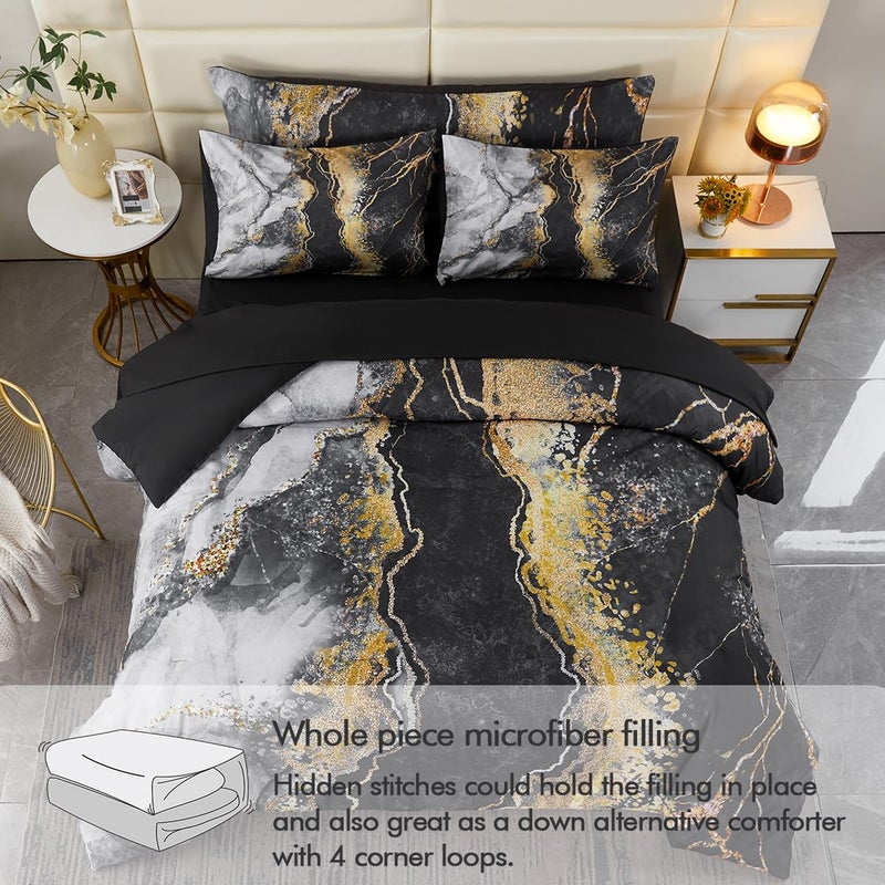 PERFEMET 6 PCS Bed in a Bag Black Watercolor Marble Printed Comforter Set for Full Bed Burning Mountain Pattern Bedding with Sheets Retro Artwork Design Bedding Quilt Sets(Black, Full) - Image 4