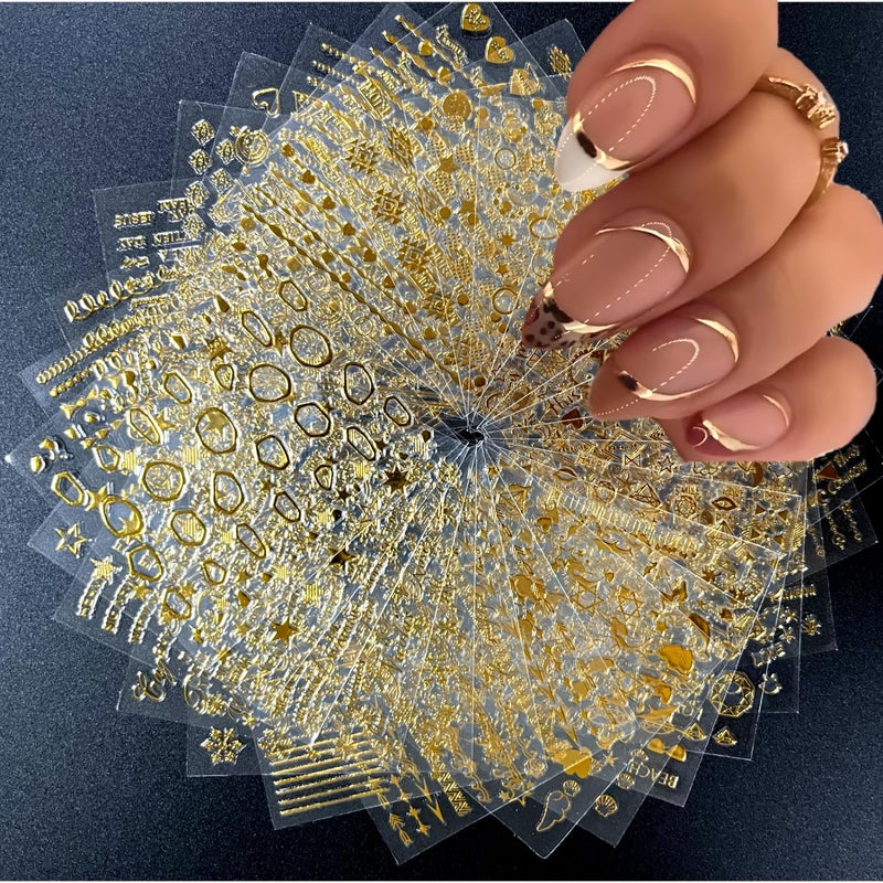 30 Sheets Gold Nail Art Stickers 3D SelfAdhesive Nail Decals Gold Line Star Nail Stickers for Acrylic Nails Gold Leaf Diamond Nail Supplies for Women