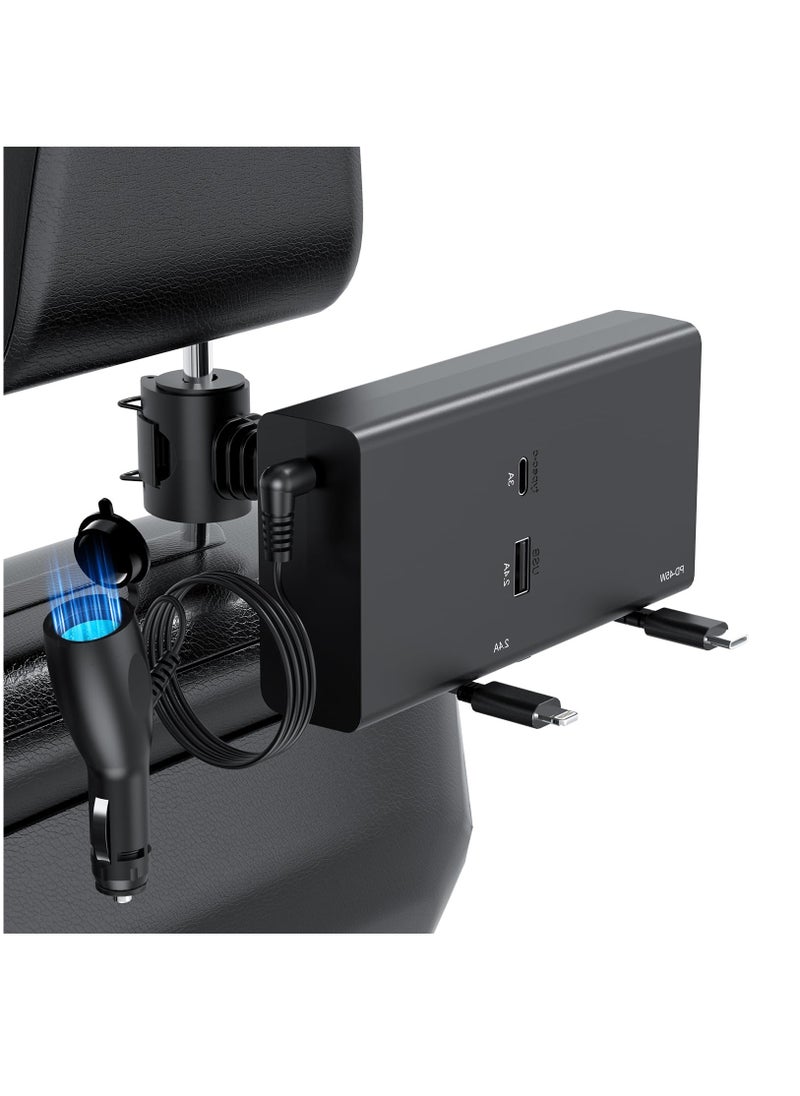 Excefore - Multi Car Retractable Backseat Car Charger 5 in 1 Car Charging Station Box for Notebook/iPhone/Samsung,60W Cigarette Lighter Adapter with 1M Cable Share Ride Customer Charging Dock Attach to Headrest - Image 1