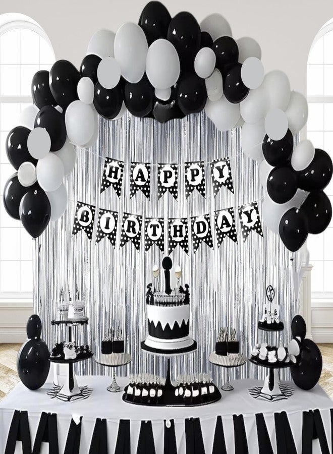 HK balloons 32 Pcs Happy Birthday Black Polka dot banner Decoration set items with black and white balloons & silver curtains for birthday decorations for boys husband - Image 1