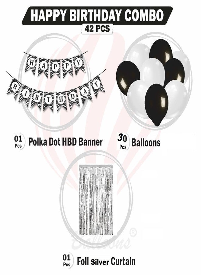 HK balloons 32 Pcs Happy Birthday Black Polka dot banner Decoration set items with black and white balloons & silver curtains for birthday decorations for boys husband - Image 2