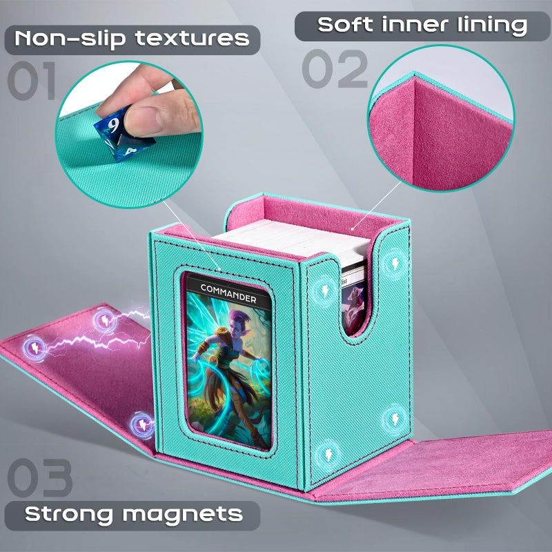 زد ال سي اي مربع Deck ZLCA MTG مع قائد نافذة عرض بطاقة تخزين بطاقة تداول يحمل 100 بطاقة مزدوجة الأكمام مناسبة ل TCG/CCG/PTCG/EDH/MAGIN/Sport Cards (Aqua & Pink) - Image 4