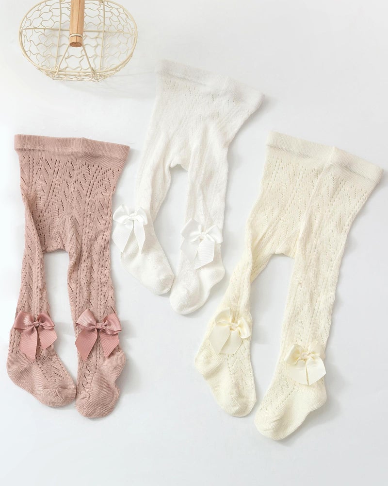 CHUNG Baby Girls Cotton Tights Thin Hollowed Summer with Bowknot Mesh Lace Fashion Toddler Footed Legging Pantyhose (S, 3pk,Bow,3-12M) - Image 2