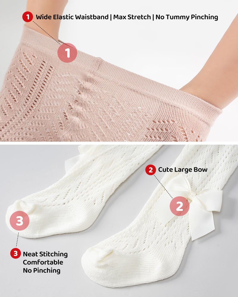 CHUNG Baby Girls Cotton Tights Thin Hollowed Summer with Bowknot Mesh Lace Fashion Toddler Footed Legging Pantyhose (S, 3pk,Bow,3-12M) - Image 5