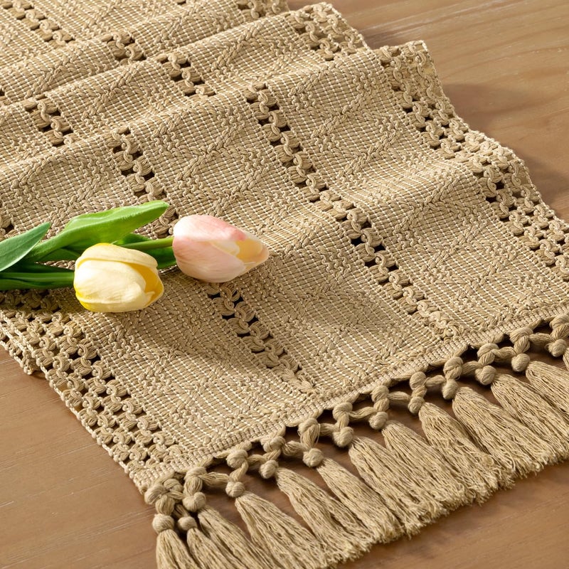 Socomi Boho Table Runner Fall Thanksgiving Farmhouse Rustic Dining Kitchen Centerpiece Decor Small Macrame Woven Cotton Linen Coffee Table Runner For Dresser Scarf Home Decor 12X60 Inch Champagne - Image 1