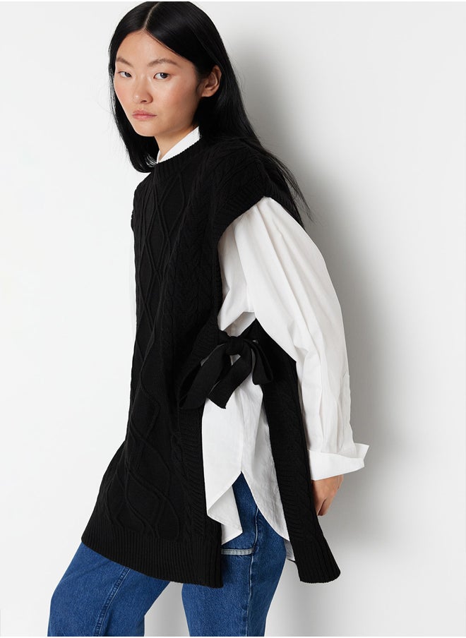 trendyol - Black Tie Waist Braided Knitwear Sweater TCTAW22UV0018 - Image 1