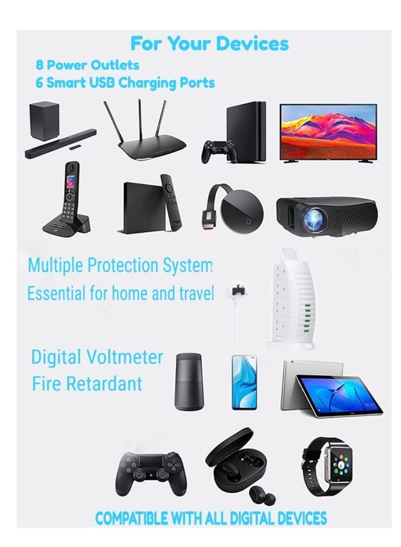 8 Way Stylish Power Extension Cord, 6 USB Fast Charging Ports, Burj Al Arab Power Socket, 2 Meters Cable Multiple Protection System 3000W, 4.2A Max Socket - Image 5