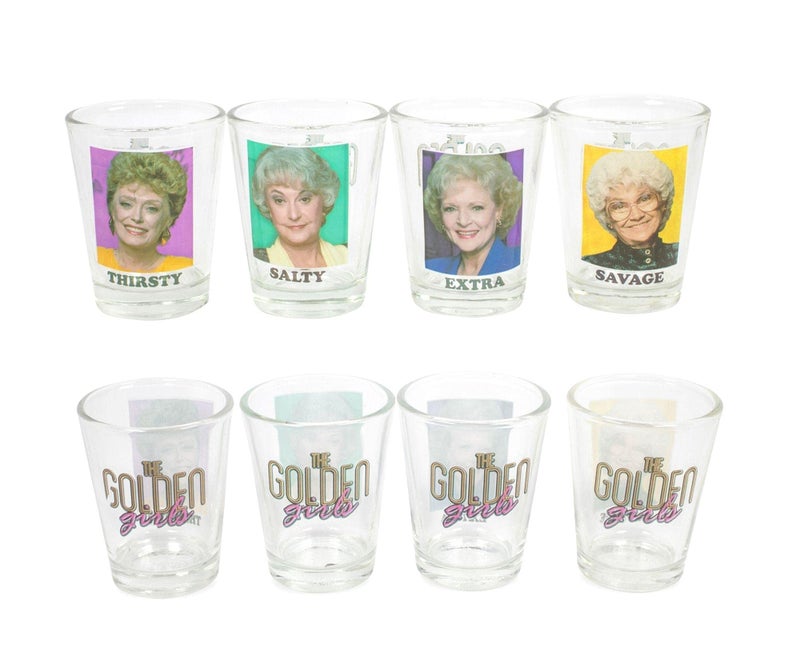 Silver Buffalo The Golden Girls Thirsty Salty Extra Savage 15Ounce Mini Glass Cups Set Of 4  Official TV Show Collectible Drinkware  Novelty Kitchen Gifts Shot Glasses For Home Barware