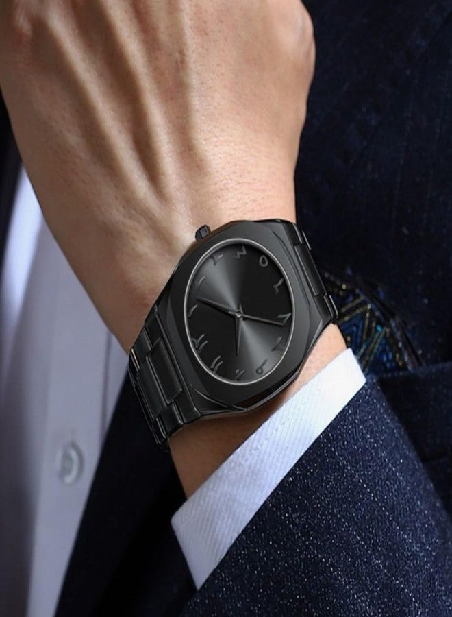 Gosasa Fashion Men's Quartz Watch with Middle Eastern Arabic Numeral Dial Design Stylish Stainless Steel Waterproof Business Casual Wristwatch, All Black, Fashion - Image 2