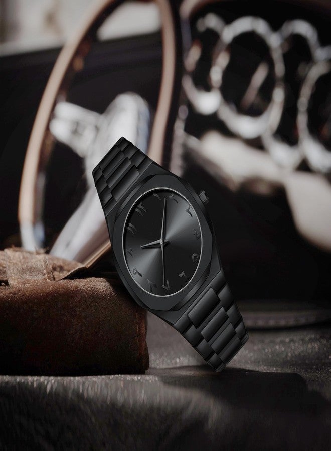 Gosasa Fashion Men's Quartz Watch with Middle Eastern Arabic Numeral Dial Design Stylish Stainless Steel Waterproof Business Casual Wristwatch, All Black, Fashion - Image 3