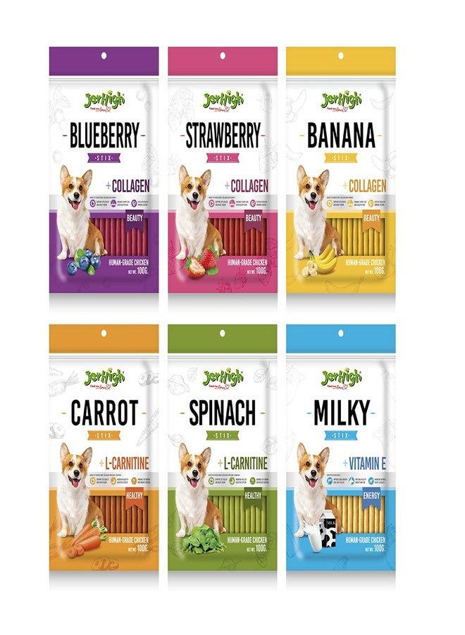 Jerhigh Real Stick Chicken Food with Spinach, Blueberry, Carrot, Strawberry, Milky and Banana Flavor Combo Set for Dogs Treat All Life Stages (100g) - 6 Pack by DogsNCats
