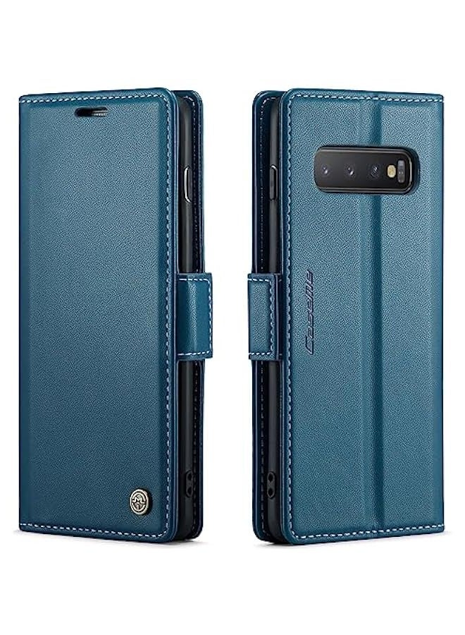 غطاء حماية قابل للطي مع محفظة لبطاقات الهوية والائتمان وجيوب للنقود لهاتف Samsung Galaxy S10+ Plus 6.4 بلون أزرق عصري. - Image 1