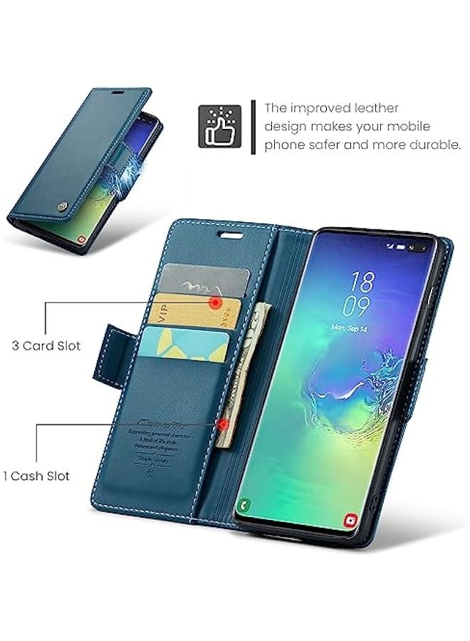 غطاء حماية قابل للطي مع محفظة لبطاقات الهوية والائتمان وجيوب للنقود لهاتف Samsung Galaxy S10+ Plus 6.4 بلون أزرق عصري. - Image 3