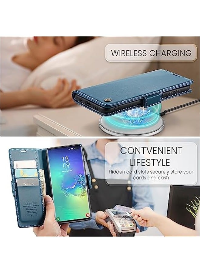 غطاء حماية قابل للطي مع محفظة لبطاقات الهوية والائتمان وجيوب للنقود لهاتف Samsung Galaxy S10+ Plus 6.4 بلون أزرق عصري. - Image 4