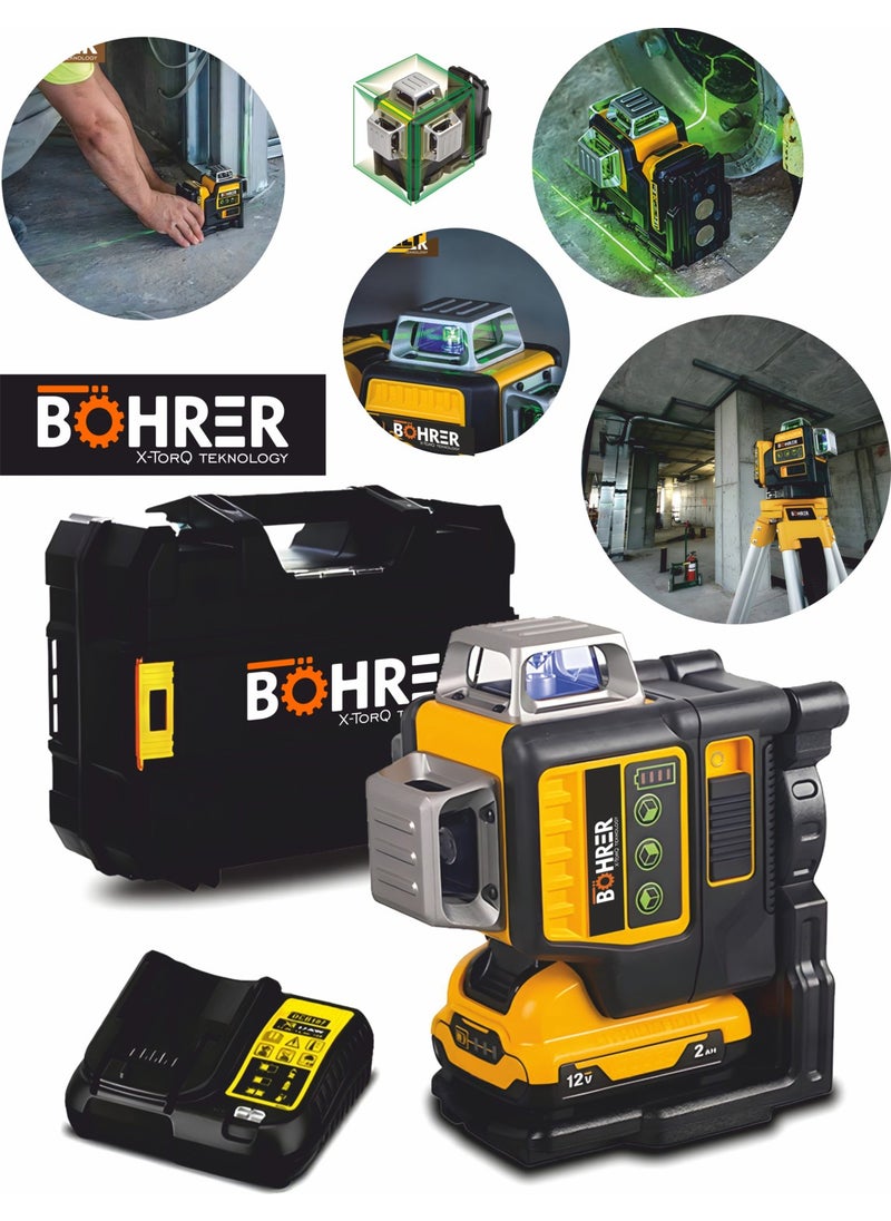 Böhrer 360 Degree 3 Corners 12 Lines 2 Battery Powered Green Line 40 M Range Professional Laser Alignment Machine 