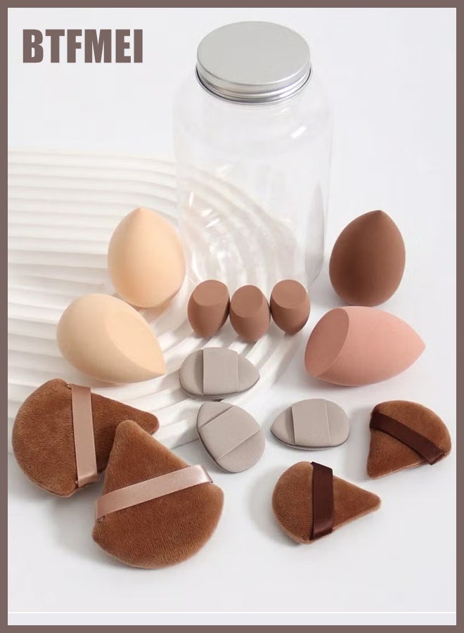 BTFMEI 15PCS Makeup Sponge Set - Soft Multi-colored Sponge, Wet and Dry for Liquid, Cream, And Powder Makeup with Storage Bottle (Brown) - Image 4