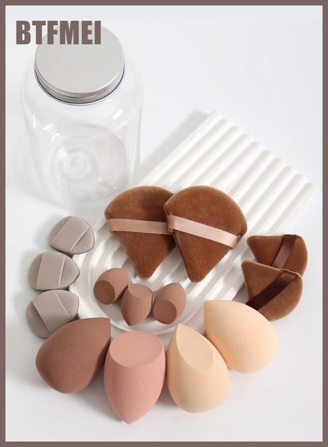 BTFMEI 15PCS Makeup Sponge Set - Soft Multi-colored Sponge, Wet and Dry for Liquid, Cream, And Powder Makeup with Storage Bottle (Brown) - Image 2
