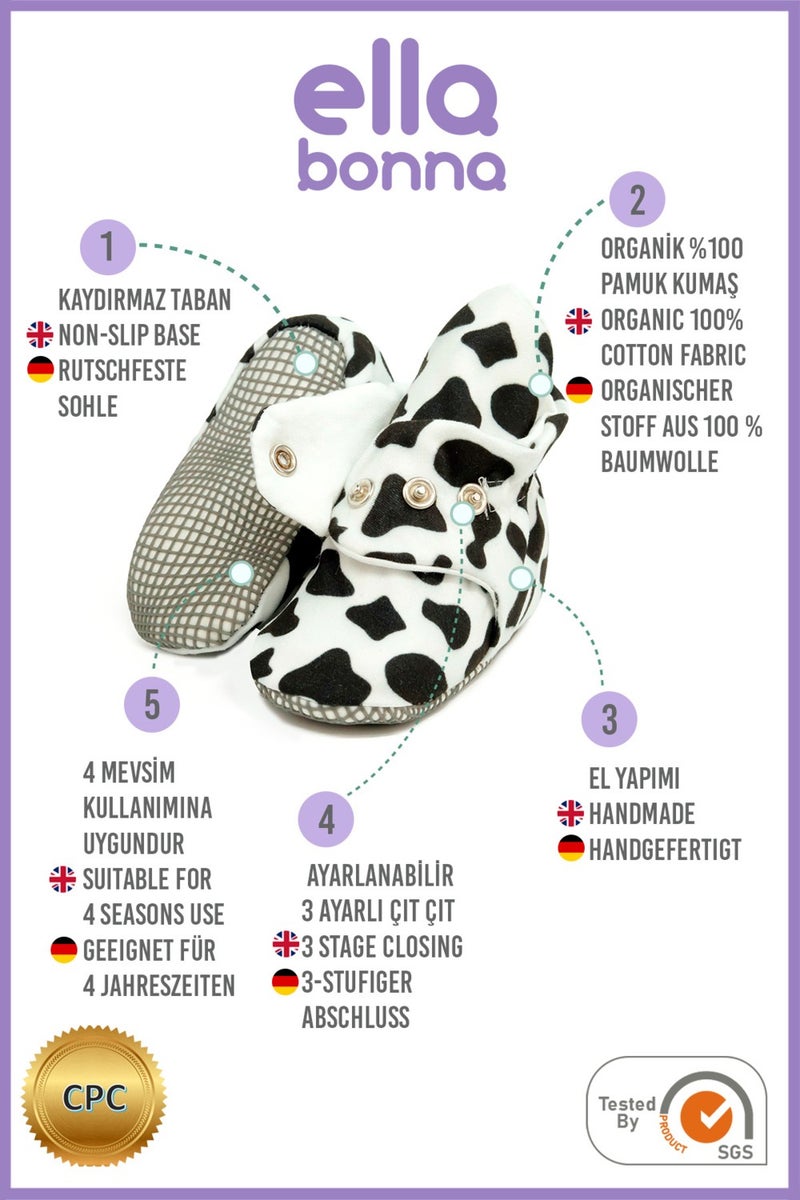 Ella Bonna Organic Cotton Baby Slippers, Non-Slip Sole, Newborn Booties, Home Nursery Shoes, Cow Pattern - Image 4