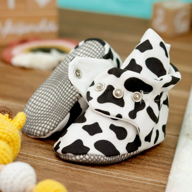 Ella Bonna Organic Cotton Baby Slippers, Non-Slip Sole, Newborn Booties, Home Nursery Shoes, Cow Pattern - Image 3