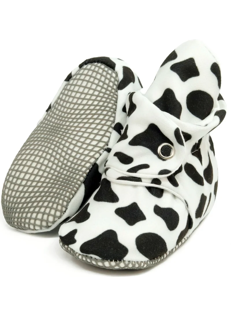 Ella Bonna Organic Cotton Baby Slippers, Non-Slip Sole, Newborn Booties, Home Nursery Shoes, Cow Pattern