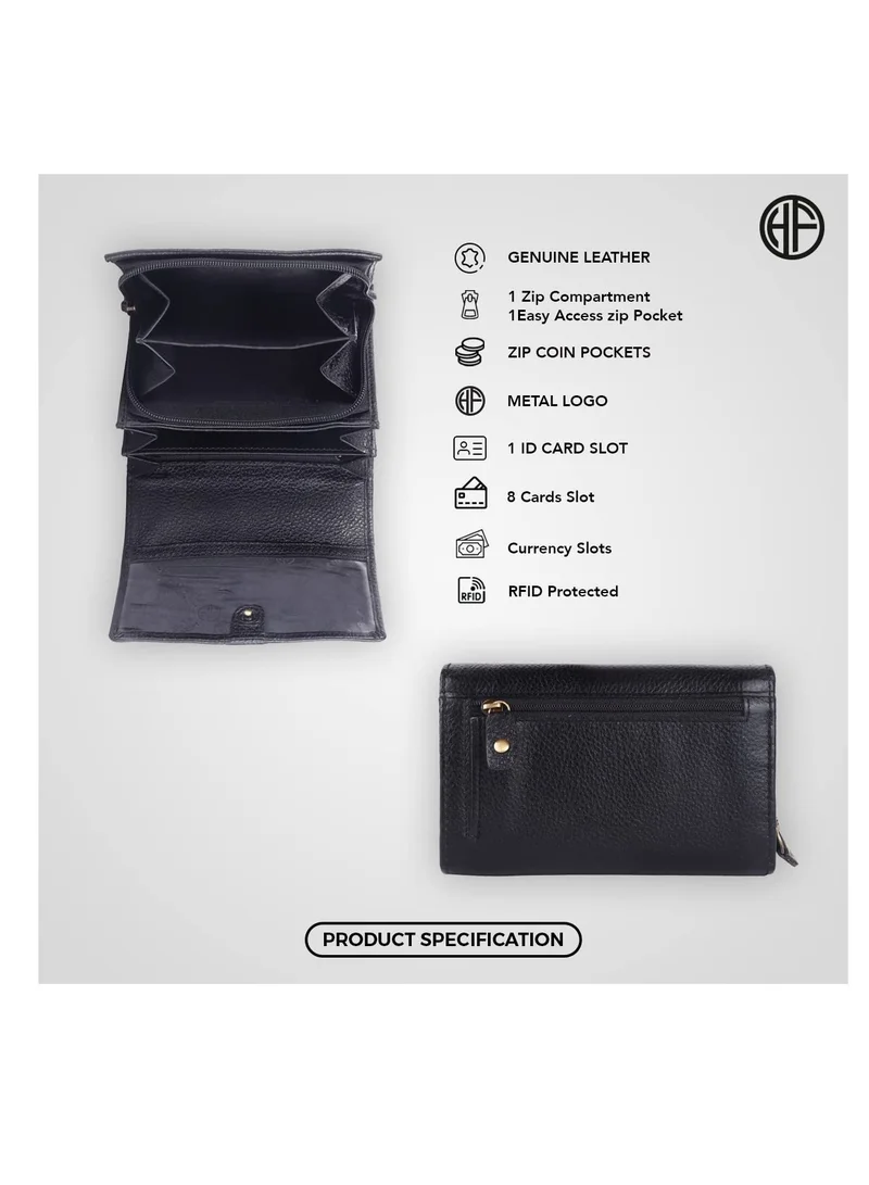 Hammonds Flycatcher  Wallet for Women - Black Leather Purse for Women with RFID Protection, 8 Card Slots, and 5 Compartments - Ladies Wallet with Button Closure - Women's Wallet for Daily Use for Women | Best Price UAE