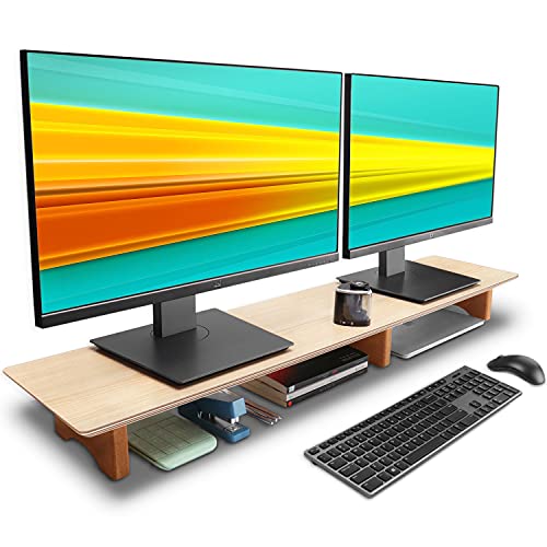 Aothia Large Dual Monitor Stand Riser Solid Wood Desk Shelf with Eco Cork Legs for Laptop ComputerTVPCPrinters Perfect Desktop Stands Organizer with Underneath Storage for Office Accessories