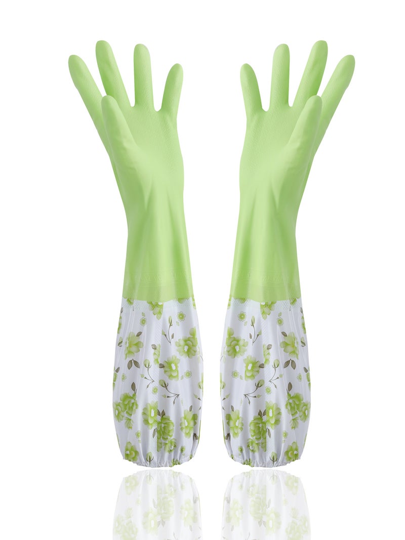 Fleece-lined dishwashing gloves winter sleeve thickened rubber kitchen cleaning sanitary household laundry latex warm gloves Green Green