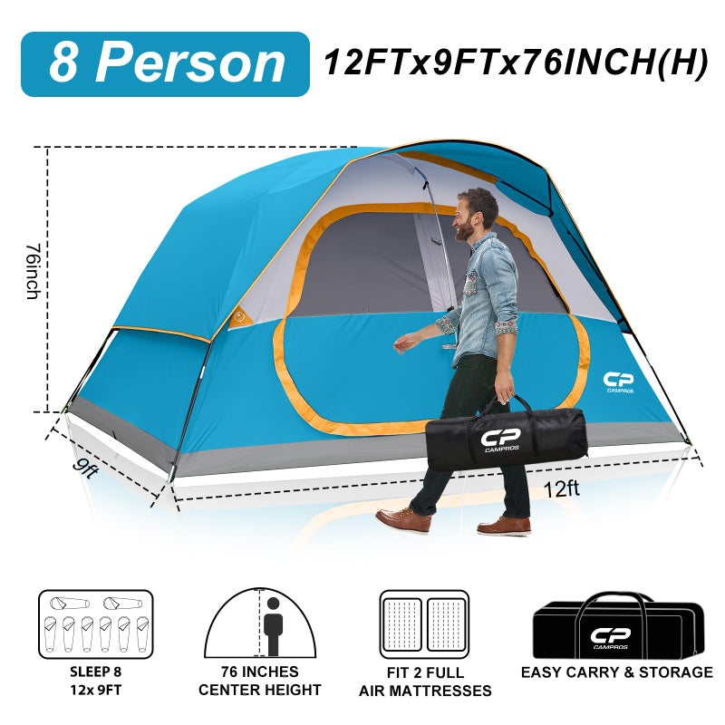 CAMPROS CP Tent 8 Person Camping Tents, Waterproof Windproof Family Dome Tent with Rainfly, Large Mesh Windows, Wider Door, Easy Setup, Portable with Carry Bag (Gray) - Image 2